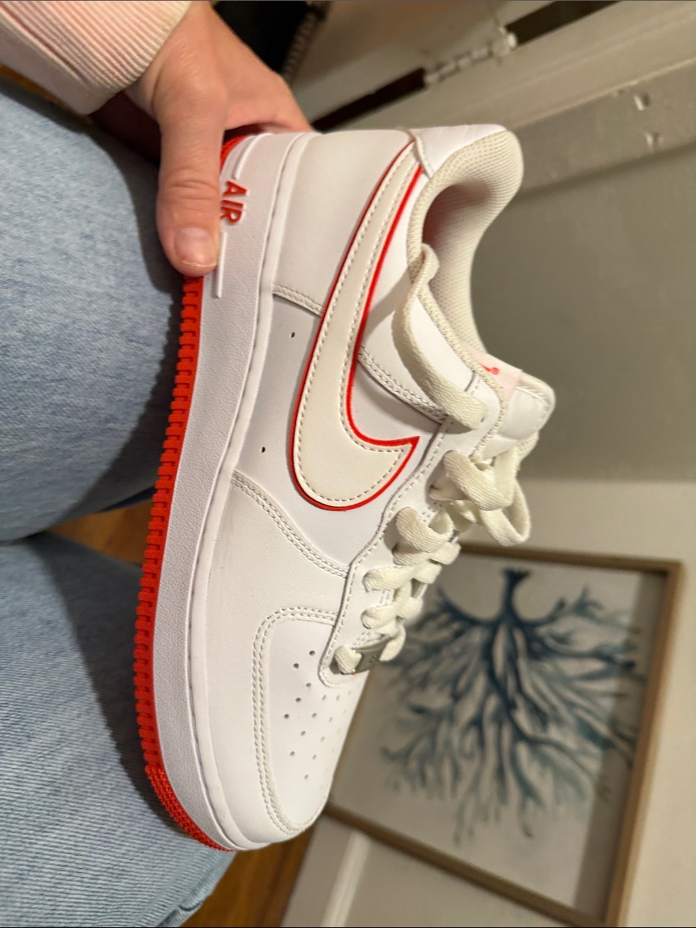 Nike White Sneakers with Red Trim and Red Outsole